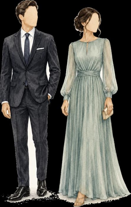 Exemplo de traje: homem de terno e mulher de vestido longo
